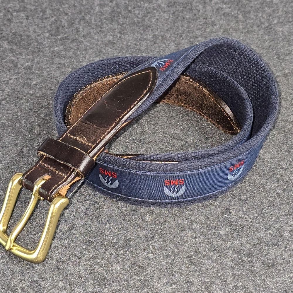 Vineyard Vines Belt Mens Size 30 Blue SMS Logo‎ Ribbon Leather Brass Buckle USA